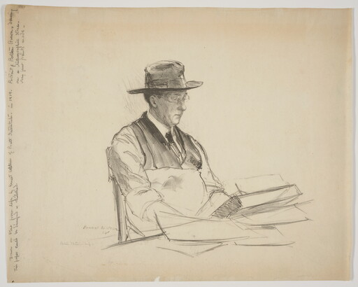 A black-and-white print of a White man wearing a wide-brimmed hat, glasses, vest and tie, writing at a desk.