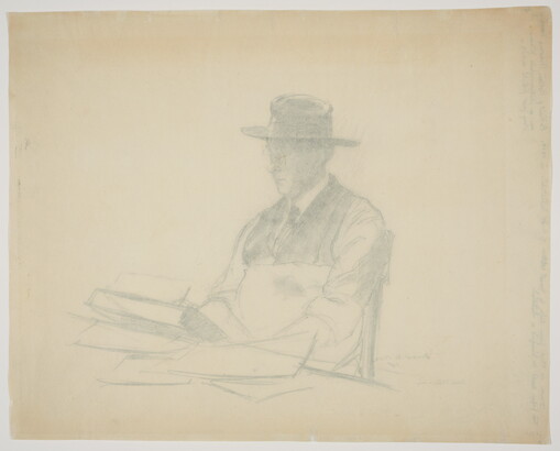 A black-and-white print of a White man wearing a wide-brimmed hat, glasses, vest and tie, writing at a desk.