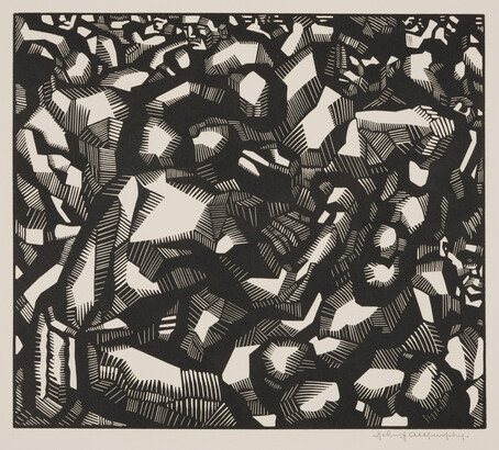 An abstract black-and-white print of graphic, tubular shapes that intertwine and snake together to resemble boxers.