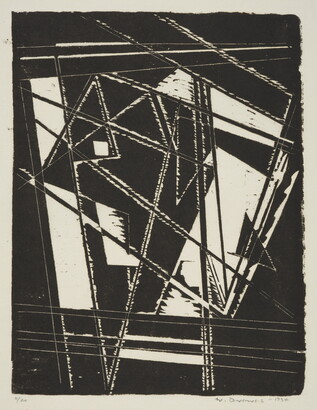 An abstract black-and-white print of prominent, angular black shapes and lines creating bold rectangles, triangles and negative spaces.