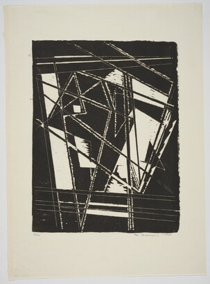 An abstract black-and-white print of prominent, angular black shapes and lines creating bold rectangles, triangles and negative spaces.