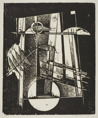 An abstract black-and-white print with various rectangles, lines, and circles all intersecting.