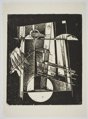 An abstract black-and-white print with various rectangles, lines, and circles all intersecting.