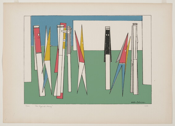An abstract color print of a group of geometric shapes that resemble pens in pink, yellow, blue, and white, one black and white, and one all white.