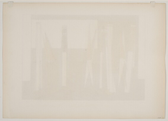 An abstract color print of a group of geometric shapes that resemble pens in pink, yellow, blue, and white, one black and white, and one all white.