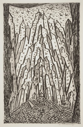 An abstract black-and-white print of outlined skyscrapers stacked side-by-side that reach to the sky, as seen from the ground.