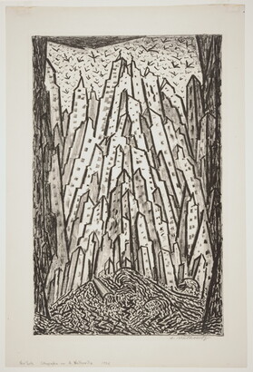 An abstract black-and-white print of outlined skyscrapers stacked side-by-side that reach to the sky, as seen from the ground.