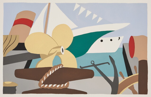 A color print of objects associated with boating: a boat, sail, propeller, rope and cleat, anchor, wheel, and dorade vent pipe.
