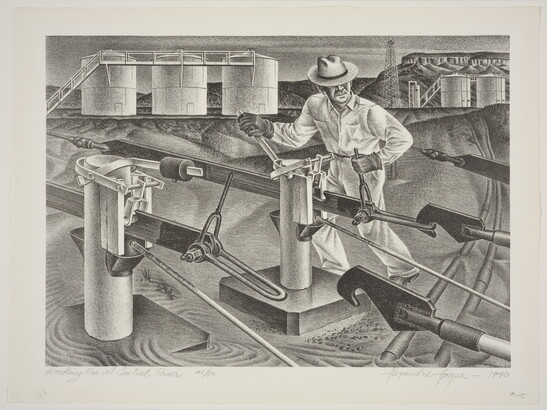 A black-and-white print of a man maneuvering machinery with large storage tanks in the background.