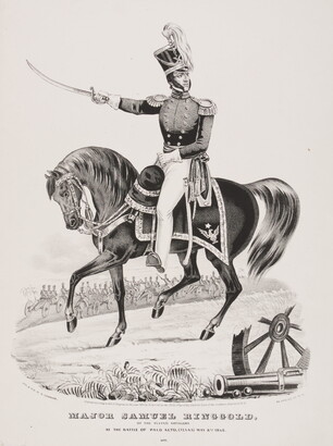 A black-and-white print of a man in military uniform on horseback with sword drawn and pointed in front of him.