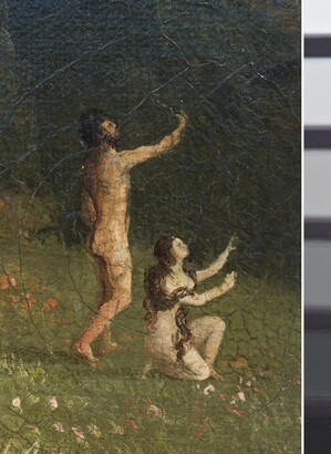 A detail of a lush, green landscape painting with two small, nude figures marveling at nature.