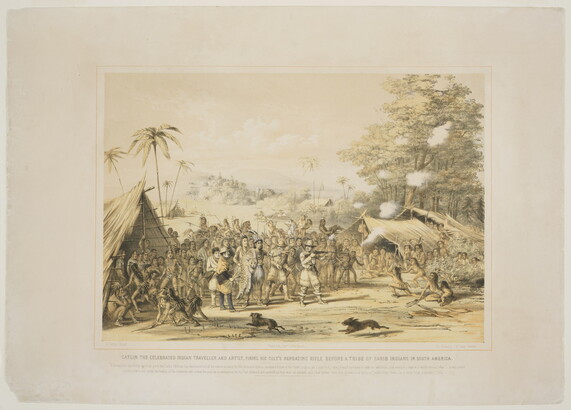 A color print of several White men and a group of Native American men surrounding a White man pointing a rifle at Indigenous women and children.