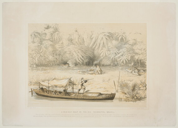 A color print of a White man standing on a boat in a river pointing a rifle at a leopard that has attacked a person on the riverbank; a White man roasting a pig over a fire watches as another leopard lurks in the trees.