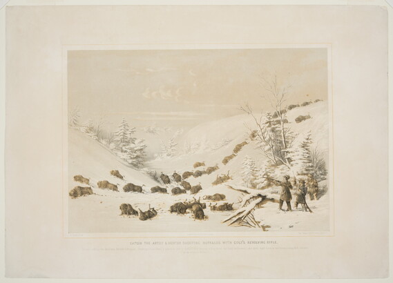 A muted color print of three White men holding guns and several dead bison lying in the snow.