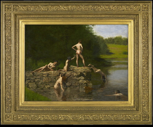 An oil painting of a group of nude young men diving off of rocks into a calm body of water.