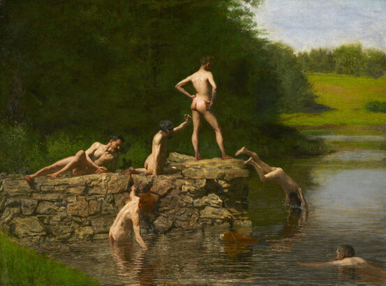 An oil painting of a group of nude young White men diving off of rocks into a calm body of water.