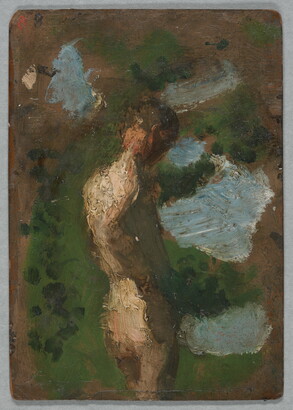 An oil painting study of a White male nude figure seen from behind standing against a green and blue background.