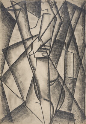 An abstract black-and-white drawing of a nude woman in profile partially composed from the bold, vertically-oriented rectangular and triangular shapes that surround her.
