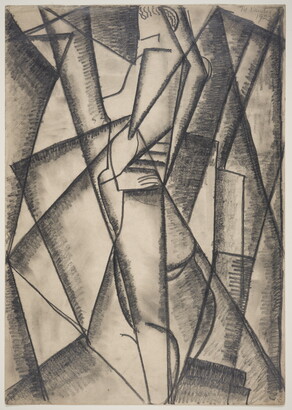 An abstract black-and-white drawing of a nude woman in profile partially composed from the bold, vertically-oriented rectangular and triangular shapes that surround her.