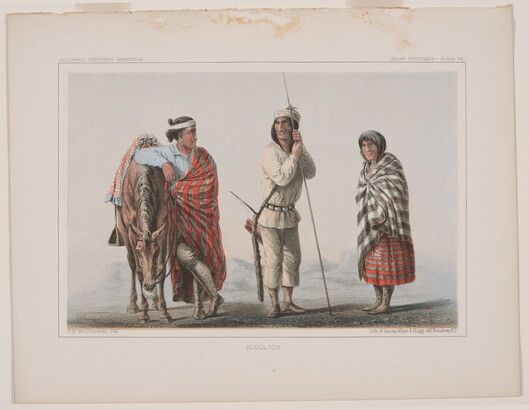 A color print of three Indigenous people standing next to a horse.