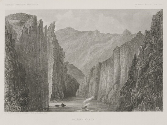 A black-and-white print of a steamboat moving down a river surrounded by tall cliffs and large rock formations.