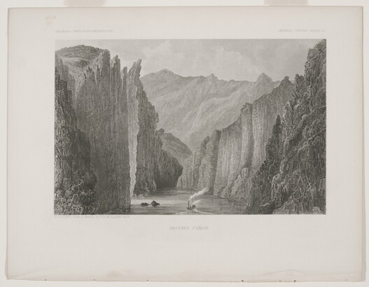 A black-and-white print of a steamboat moving down a river surrounded by tall cliffs and large rock formations.