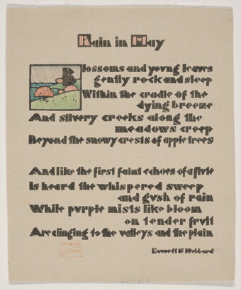 A color print of a poem printed in blocky, brown text with a small illustration of a rainy landscape in the upper left corner.