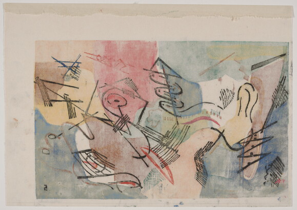 An abstract color print of freeform shapes in green, red, yellow, blue, and orange and black curved and straight lines.