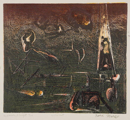 An abstract color print of muted green, red, and beige lines and forms.