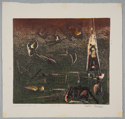 An abstract color print of muted green, red, and beige lines and forms.