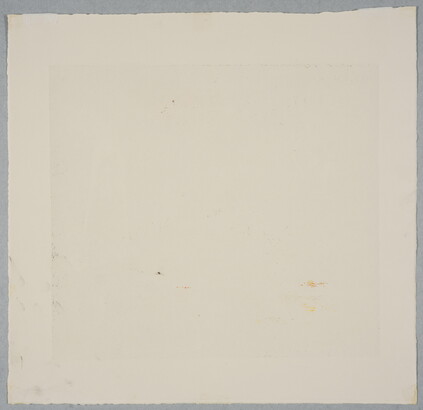 An abstract color print of muted green, red, and beige lines and forms.