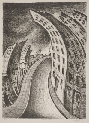 A black-and-white print of a distorted cityscape that includes skyscrapers and a road going through the middle.