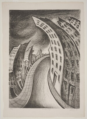 A black-and-white print of a distorted cityscape that includes skyscrapers and a road going through the middle.