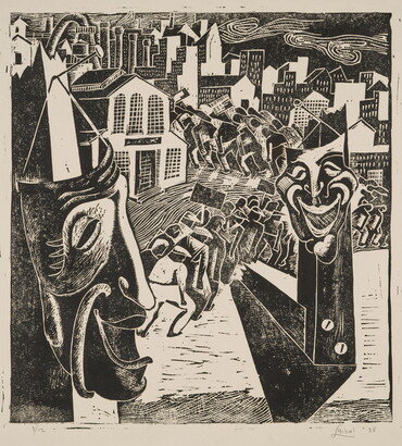 A busy black-and-white print of smiling theater masks hanging on posts and a long line of people marching with picket signs toward a city in the background.
