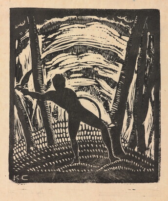 A black-and-white print of a stylized male figure in silhouette cutting down a tree in front of a sun that is either setting or rising.