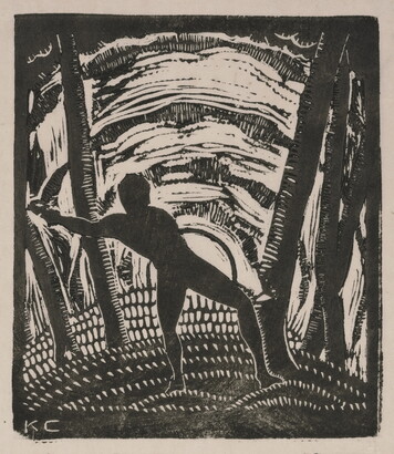 A black-and-white print of a stylized male figure in silhouette cutting down a tree in front of a sun that is either setting or rising.