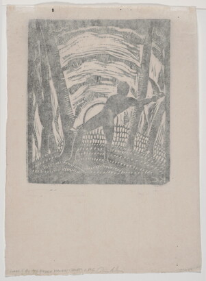 A black-and-white print of a stylized male figure in silhouette cutting down a tree in front of a sun that is either setting or rising.