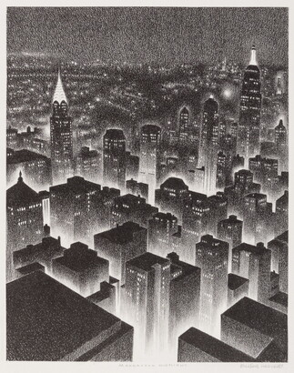 A black-and-white geometric print of a bird&#039;s eye view of a New York City at night.