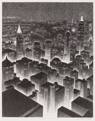 A black-and-white geometric print of a bird&#039;s eye view of a New York City at night.