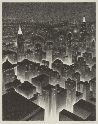A black-and-white geometric print of a bird's eye view of a New York City at night.