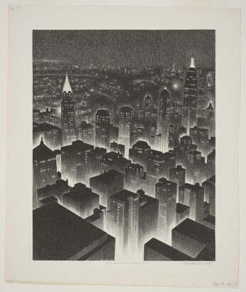 A black-and-white geometric print of a bird's eye view of a New York City at night.