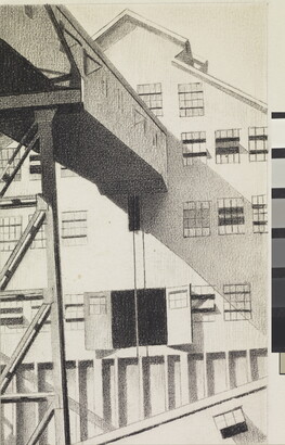 A detail of a black-and-white drawing of a multi-story, industrial building with chutes and ramps.