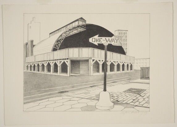 A black-and-white print of large, domed building next to a street with a "one-way" street sign posted on the brick sidewalk next to it.