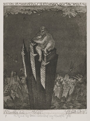 A black-and-white print of three skyscrapers towering over the rest of skyline with a larger-than-life nude person sitting on top of the skyscrapers.