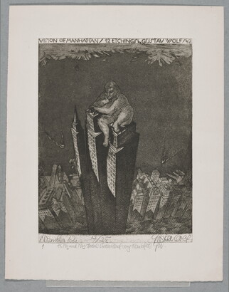 A black-and-white print of three skyscrapers towering over the rest of skyline with a larger-than-life nude person sitting on top of the skyscrapers.