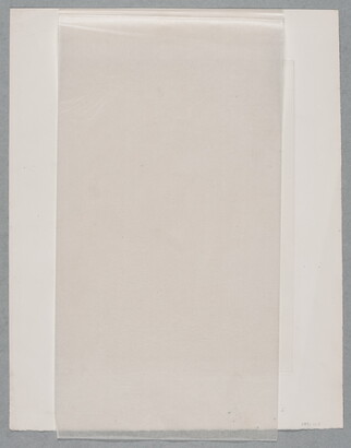 A black-and-white print of three skyscrapers towering over the rest of skyline with a larger-than-life nude person sitting on top of the skyscrapers.