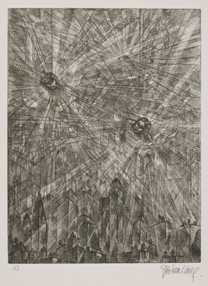 A black-and-white print of two human figures, heads only, with radiating gray-scale lines and shapes over a city skyline.