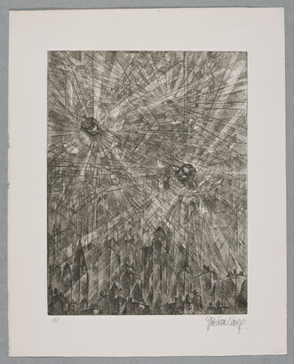 A black-and-white print of two human figures, heads only, with radiating gray-scale lines and shapes over a city skyline.