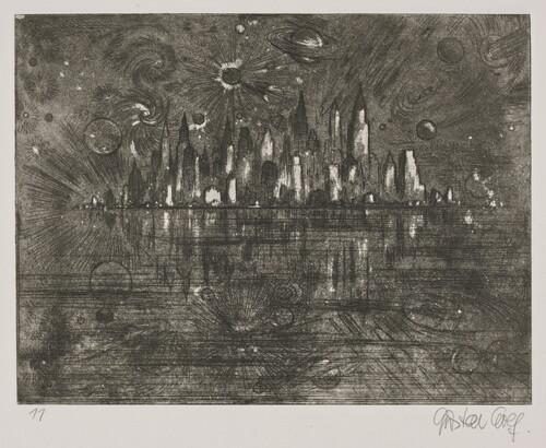 A black-and-white print of abstract planets and star-shapes over a city skyline.