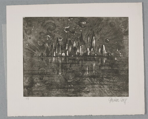 A black-and-white print of abstract planets and star-shapes over a city skyline.